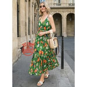 ZARA Green Floral Wrap V-Neck Midi Dress NWT